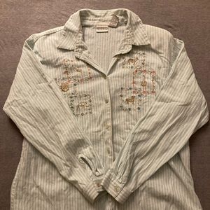 Long sleeved baby blue and white striped button down.